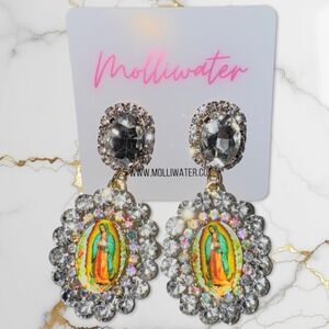 New Beautiful Virgin Mary Rhinestone Silver Dangle Earrings Virgen de Guadalupe